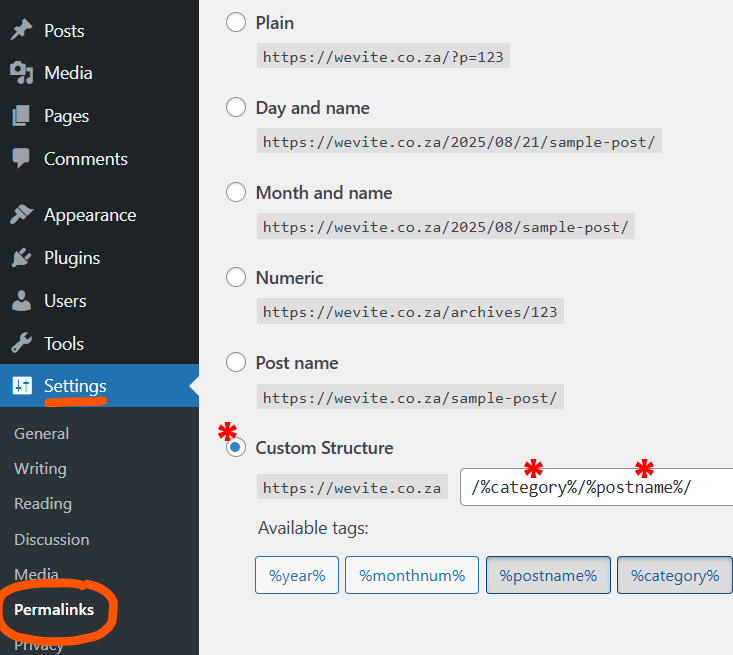 WordPress website permalink settings screenshot (custom structure) Recommended WordPress permalink settings for the WordPress Website Installation Process.